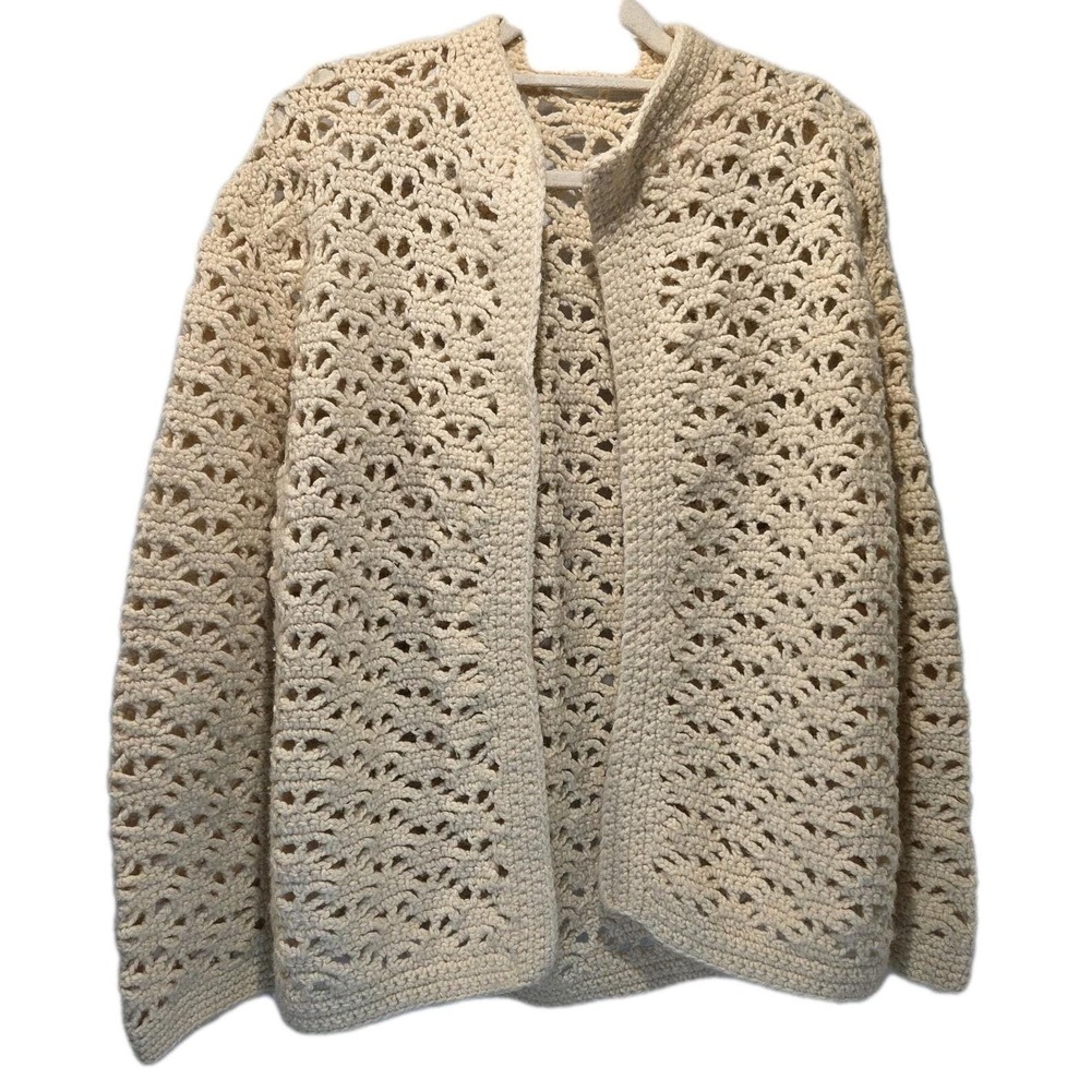 Vintage Style Handmade Crochet Cardigan Coat Cream Boho Cottagecore M/L